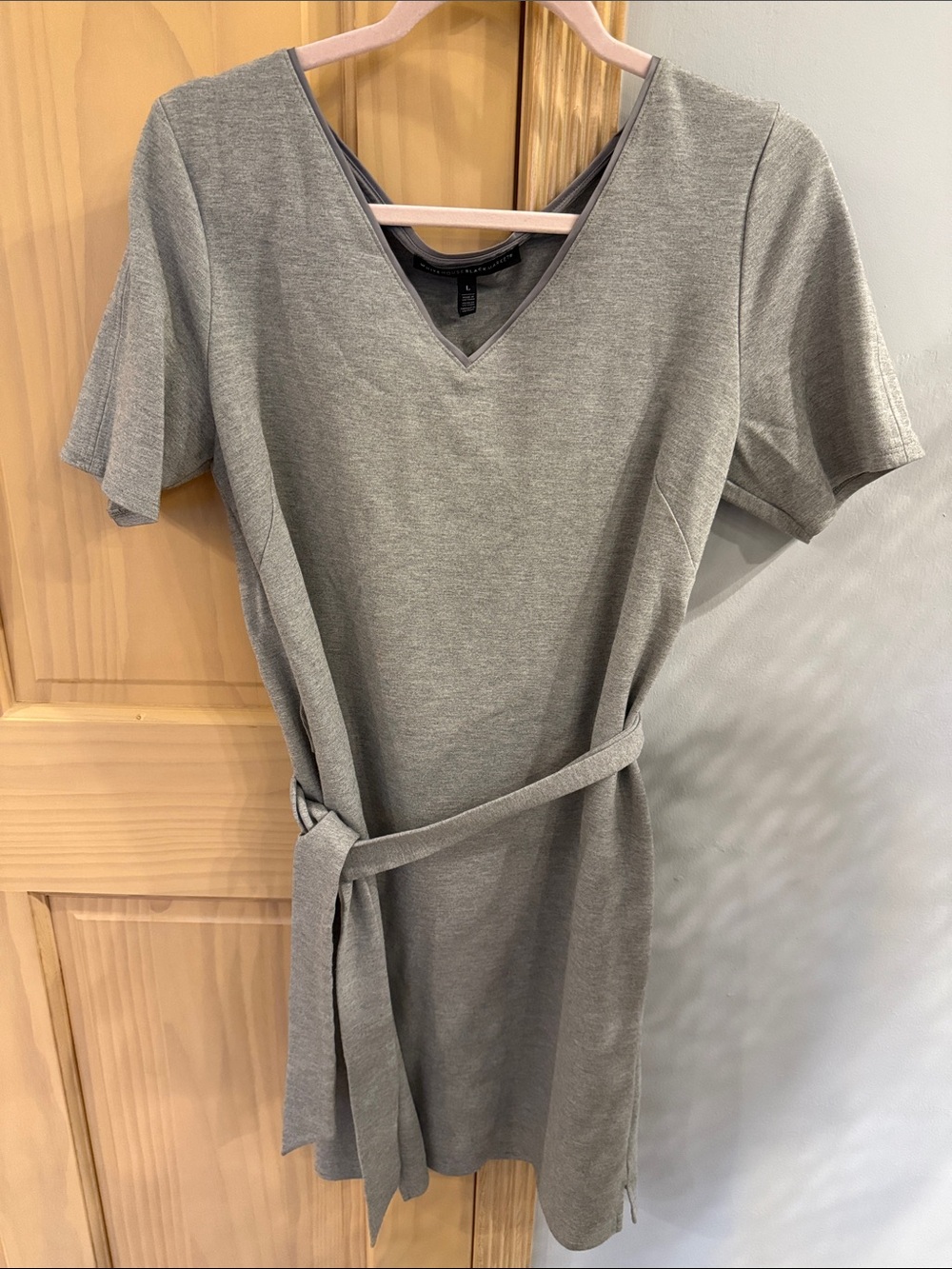 White House Black Market Womens Gray Tie Waist Sheath Dress, Short Sleeve L